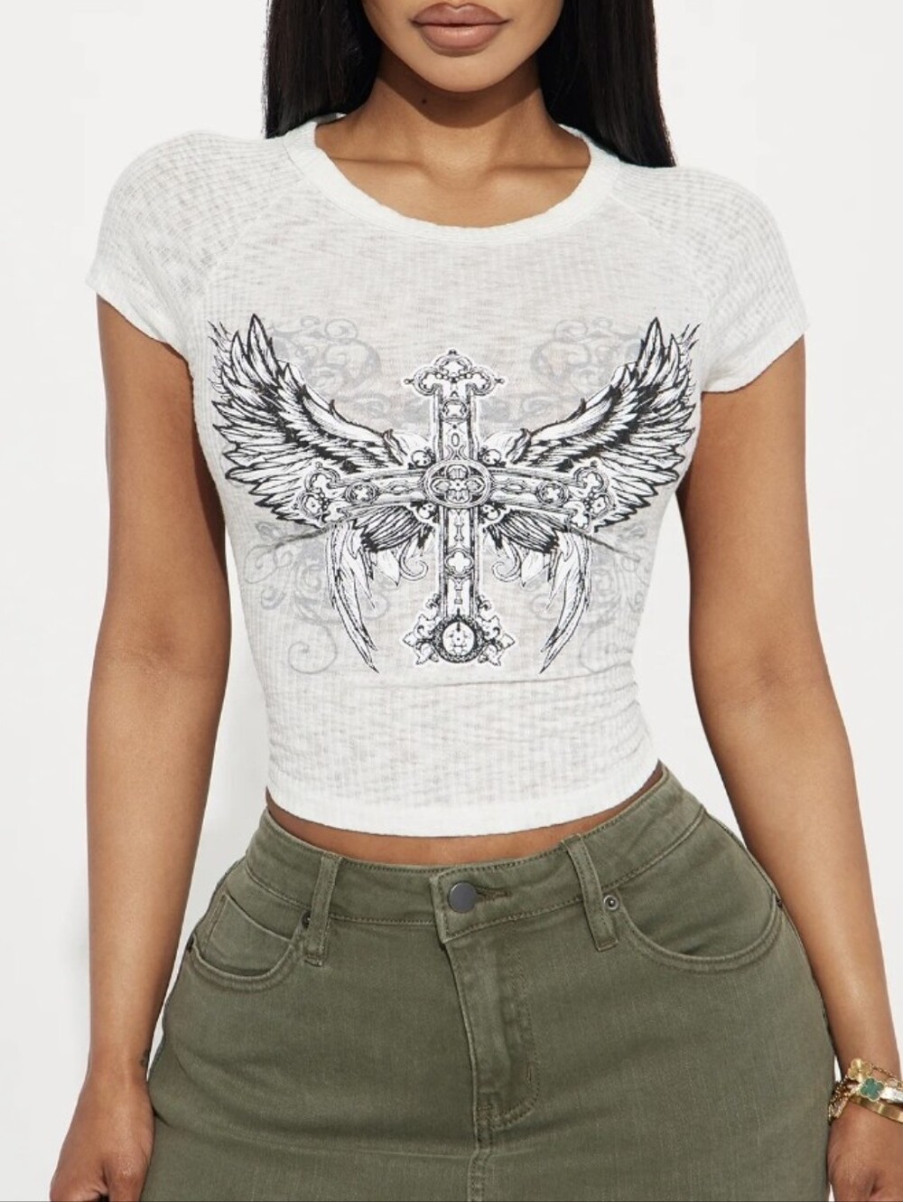 Fashion Nova, Hold My Halo Fitted Tee in Ivory